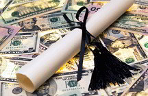 Diploma on bed of dollar bills